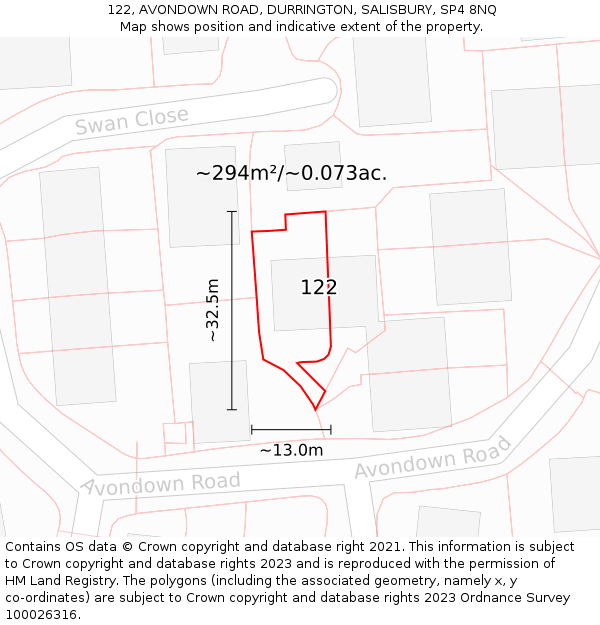 122, AVONDOWN ROAD, DURRINGTON, SALISBURY, SP4 8NQ: Plot and title map