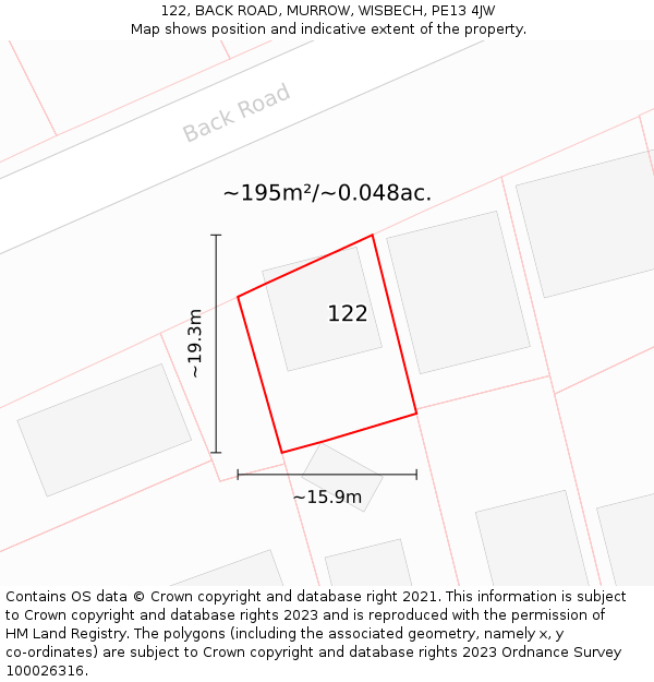 122, BACK ROAD, MURROW, WISBECH, PE13 4JW: Plot and title map