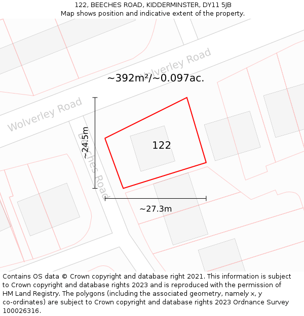122, BEECHES ROAD, KIDDERMINSTER, DY11 5JB: Plot and title map