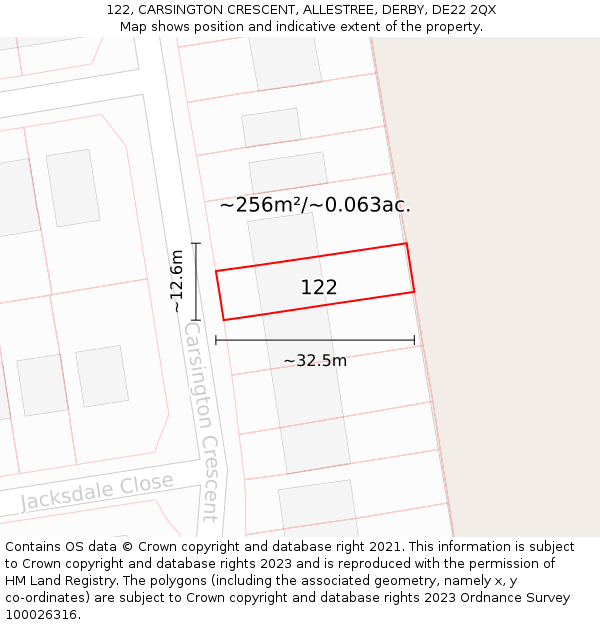 122, CARSINGTON CRESCENT, ALLESTREE, DERBY, DE22 2QX: Plot and title map