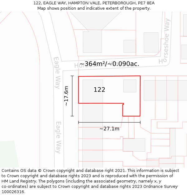 122, EAGLE WAY, HAMPTON VALE, PETERBOROUGH, PE7 8EA: Plot and title map