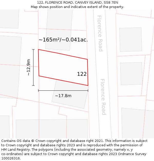 122, FLORENCE ROAD, CANVEY ISLAND, SS8 7EN: Plot and title map