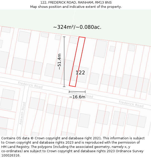 122, FREDERICK ROAD, RAINHAM, RM13 8NS: Plot and title map