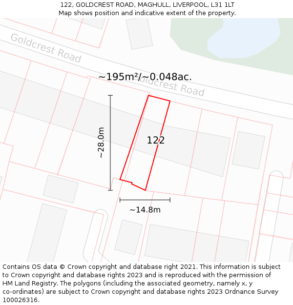 122, GOLDCREST ROAD, MAGHULL, LIVERPOOL, L31 1LT: Plot and title map