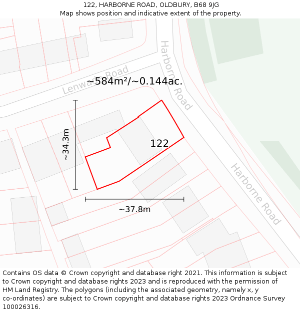 122, HARBORNE ROAD, OLDBURY, B68 9JG: Plot and title map