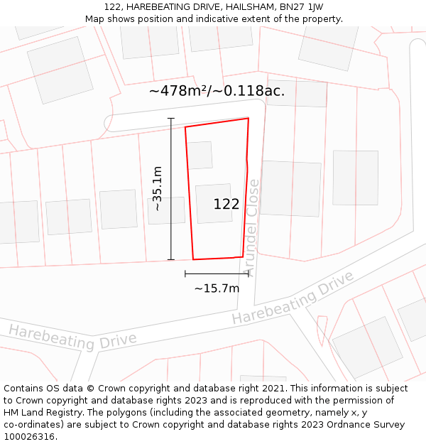 122, HAREBEATING DRIVE, HAILSHAM, BN27 1JW: Plot and title map