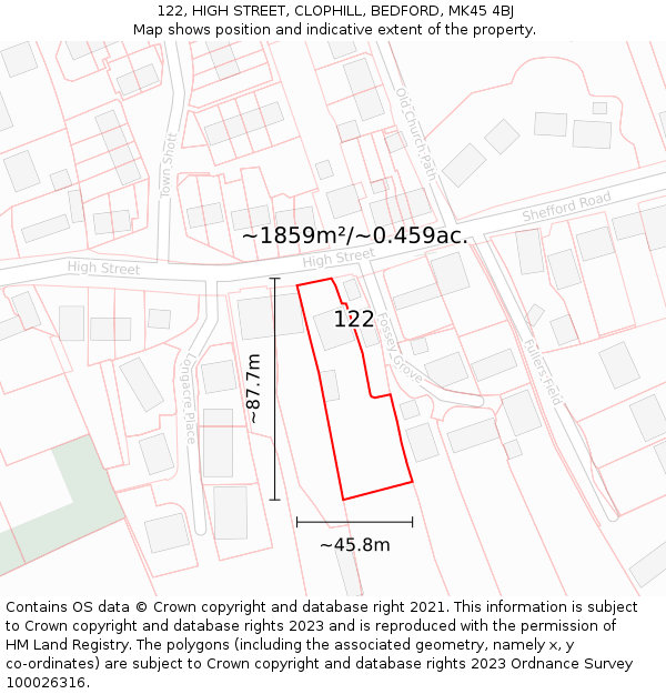 122, HIGH STREET, CLOPHILL, BEDFORD, MK45 4BJ: Plot and title map