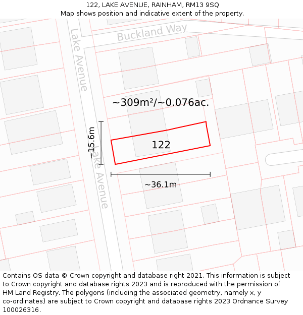 122, LAKE AVENUE, RAINHAM, RM13 9SQ: Plot and title map
