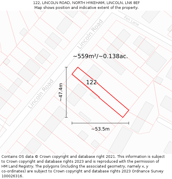 122, LINCOLN ROAD, NORTH HYKEHAM, LINCOLN, LN6 8EF: Plot and title map