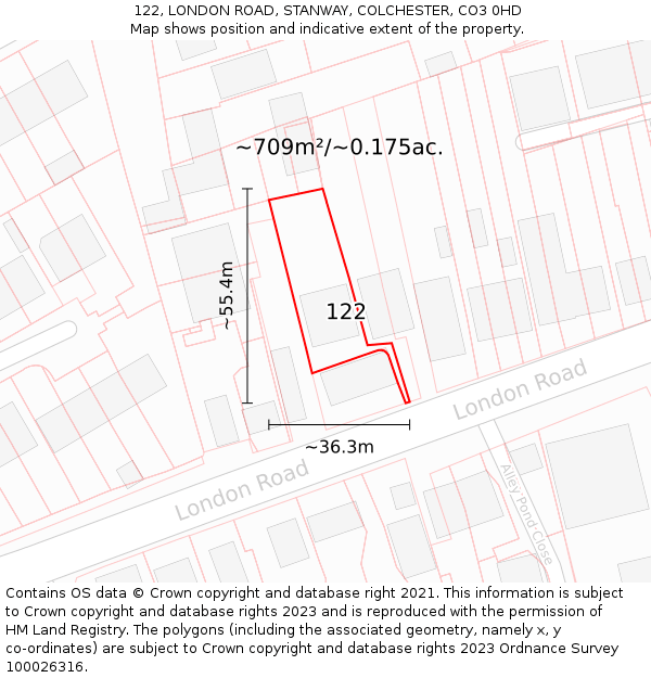 122, LONDON ROAD, STANWAY, COLCHESTER, CO3 0HD: Plot and title map