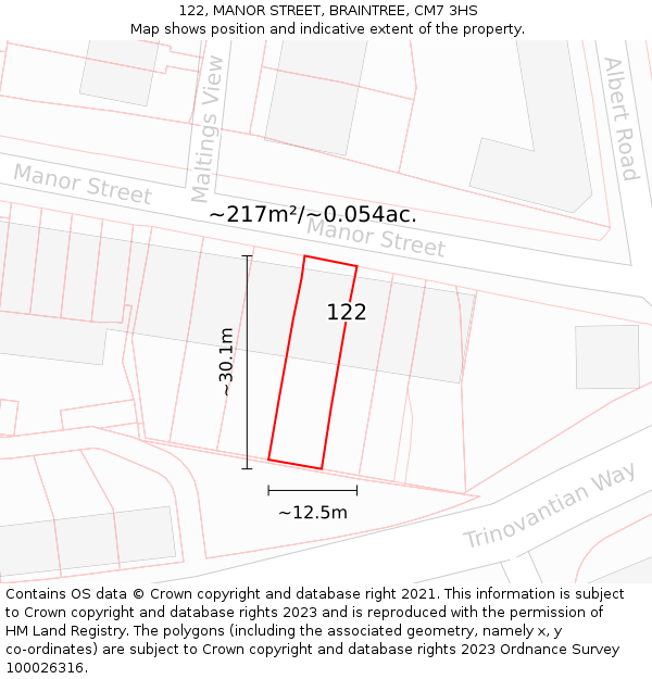 122, MANOR STREET, BRAINTREE, CM7 3HS: Plot and title map