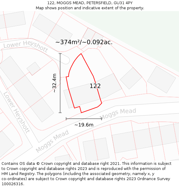 122, MOGGS MEAD, PETERSFIELD, GU31 4PY: Plot and title map