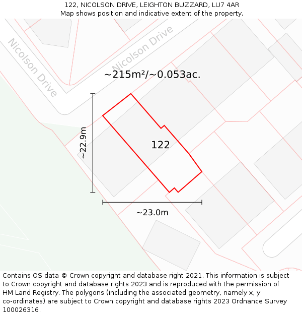 122, NICOLSON DRIVE, LEIGHTON BUZZARD, LU7 4AR: Plot and title map