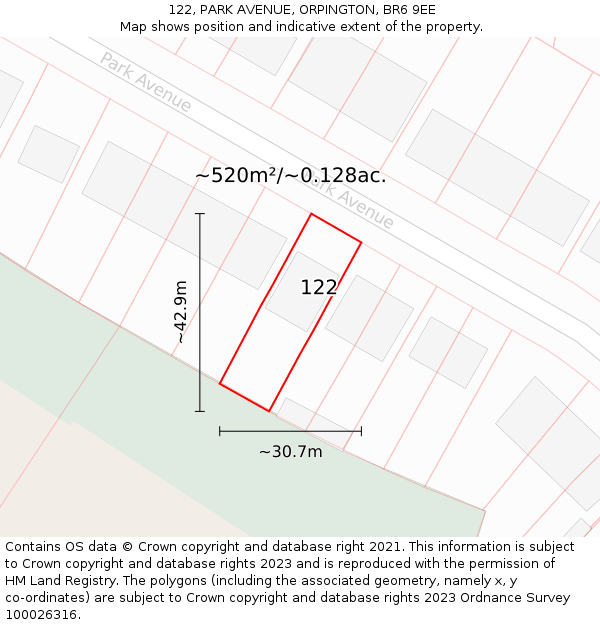 122, PARK AVENUE, ORPINGTON, BR6 9EE: Plot and title map