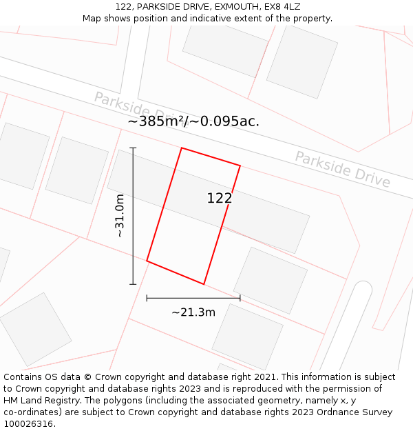 122, PARKSIDE DRIVE, EXMOUTH, EX8 4LZ: Plot and title map