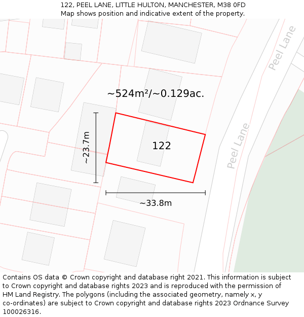 122, PEEL LANE, LITTLE HULTON, MANCHESTER, M38 0FD: Plot and title map
