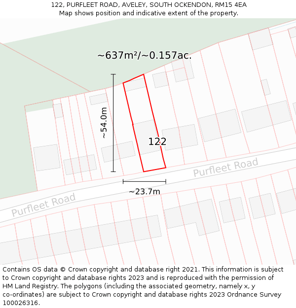 122, PURFLEET ROAD, AVELEY, SOUTH OCKENDON, RM15 4EA: Plot and title map