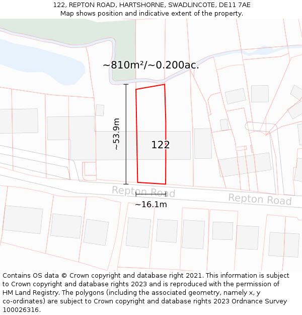 122, REPTON ROAD, HARTSHORNE, SWADLINCOTE, DE11 7AE: Plot and title map