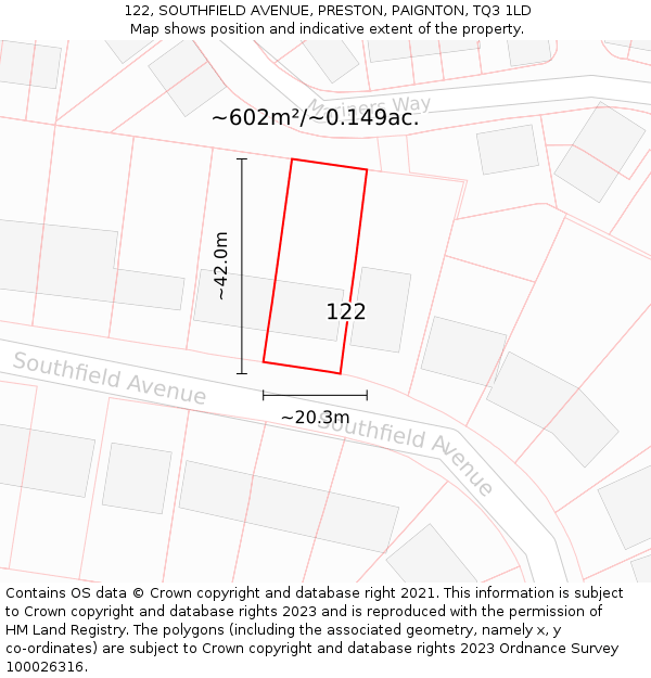 122, SOUTHFIELD AVENUE, PRESTON, PAIGNTON, TQ3 1LD: Plot and title map