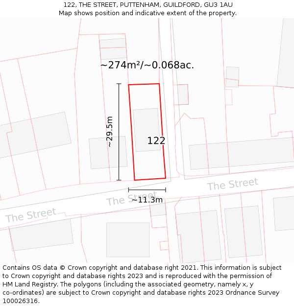 122, THE STREET, PUTTENHAM, GUILDFORD, GU3 1AU: Plot and title map
