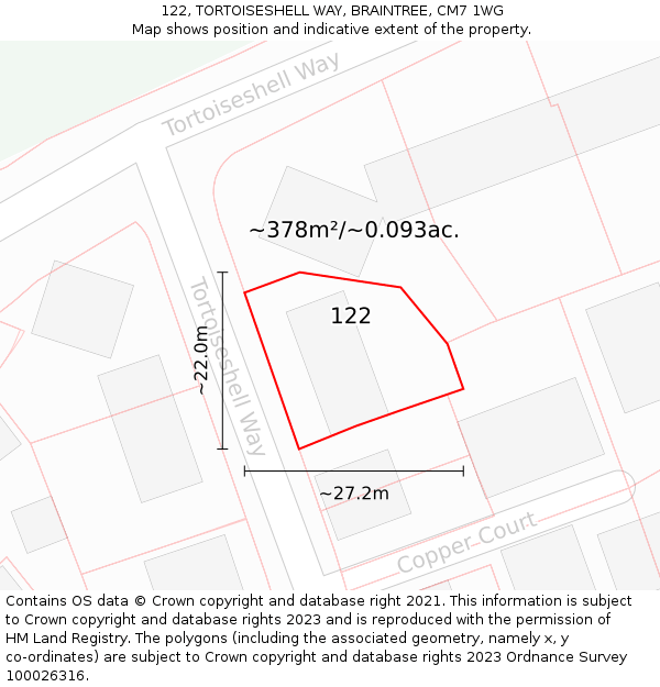 122, TORTOISESHELL WAY, BRAINTREE, CM7 1WG: Plot and title map