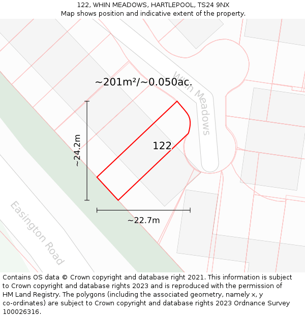 122, WHIN MEADOWS, HARTLEPOOL, TS24 9NX: Plot and title map