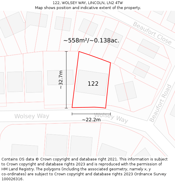 122, WOLSEY WAY, LINCOLN, LN2 4TW: Plot and title map