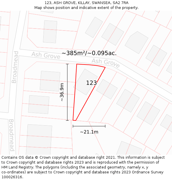123, ASH GROVE, KILLAY, SWANSEA, SA2 7RA: Plot and title map