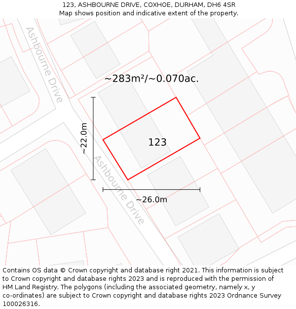 123, ASHBOURNE DRIVE, COXHOE, DURHAM, DH6 4SR: Plot and title map