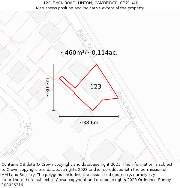 123, BACK ROAD, LINTON, CAMBRIDGE, CB21 4UJ: Plot and title map
