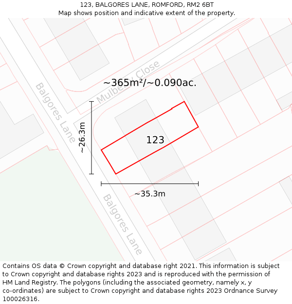 123, BALGORES LANE, ROMFORD, RM2 6BT: Plot and title map