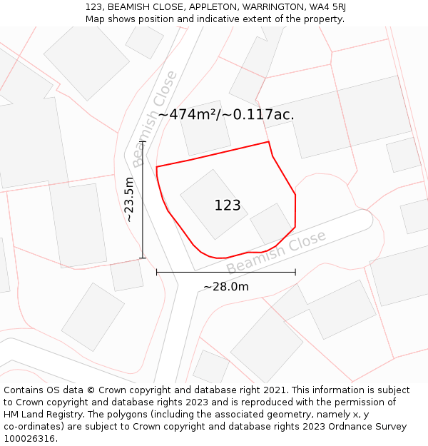 123, BEAMISH CLOSE, APPLETON, WARRINGTON, WA4 5RJ: Plot and title map