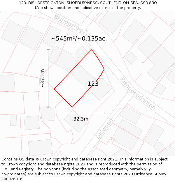 123, BISHOPSTEIGNTON, SHOEBURYNESS, SOUTHEND-ON-SEA, SS3 8BQ: Plot and title map