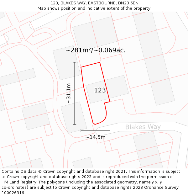 123, BLAKES WAY, EASTBOURNE, BN23 6EN: Plot and title map