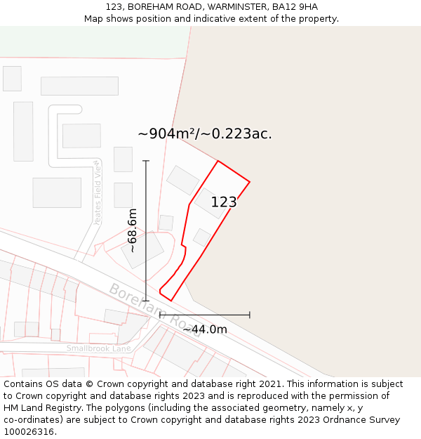 123, BOREHAM ROAD, WARMINSTER, BA12 9HA: Plot and title map