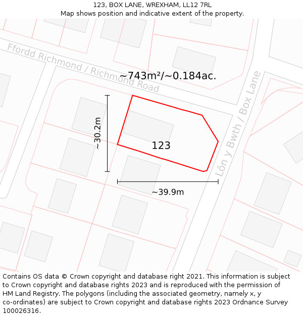 123, BOX LANE, WREXHAM, LL12 7RL: Plot and title map