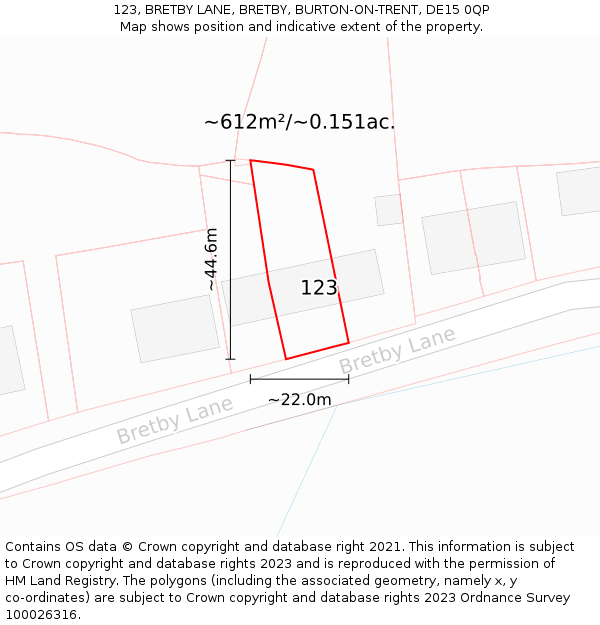 123, BRETBY LANE, BRETBY, BURTON-ON-TRENT, DE15 0QP: Plot and title map