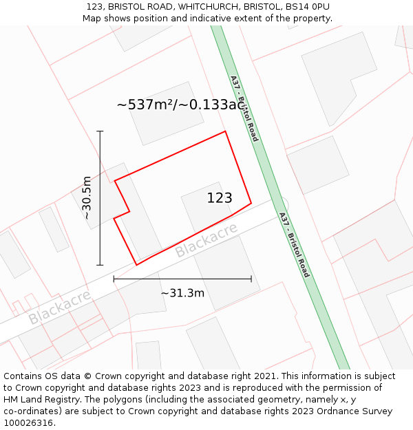 123, BRISTOL ROAD, WHITCHURCH, BRISTOL, BS14 0PU: Plot and title map