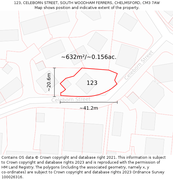 123, CELEBORN STREET, SOUTH WOODHAM FERRERS, CHELMSFORD, CM3 7AW: Plot and title map
