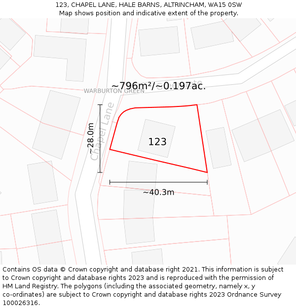 123, CHAPEL LANE, HALE BARNS, ALTRINCHAM, WA15 0SW: Plot and title map