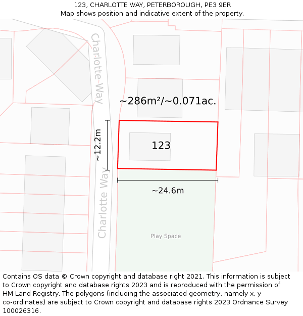 123, CHARLOTTE WAY, PETERBOROUGH, PE3 9ER: Plot and title map
