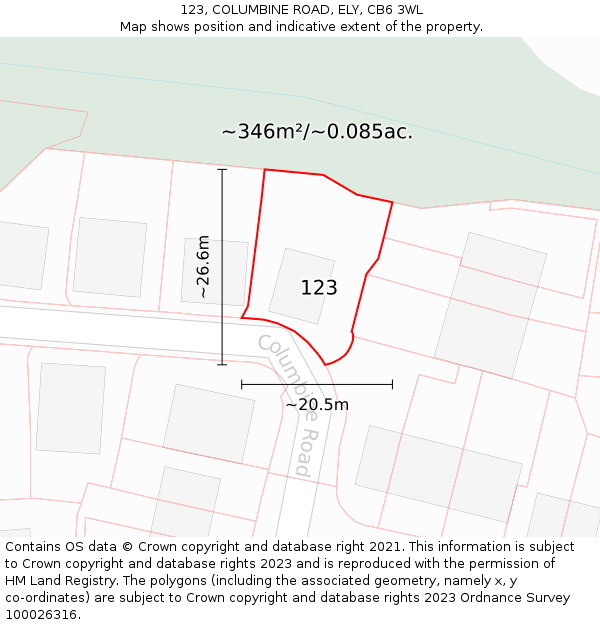 123, COLUMBINE ROAD, ELY, CB6 3WL: Plot and title map