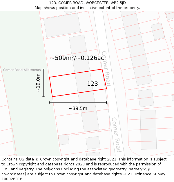 123, COMER ROAD, WORCESTER, WR2 5JD: Plot and title map