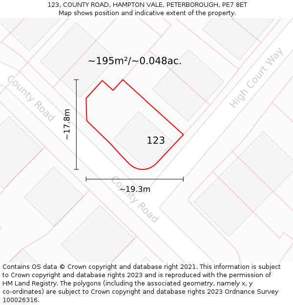 123, COUNTY ROAD, HAMPTON VALE, PETERBOROUGH, PE7 8ET: Plot and title map