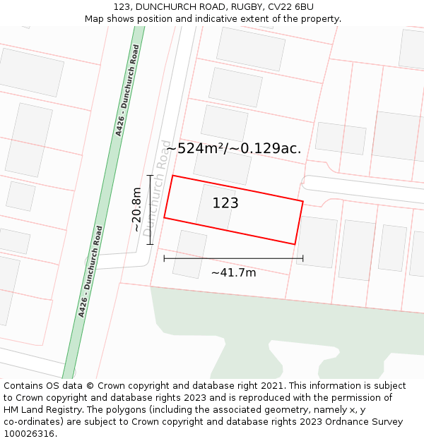 123, DUNCHURCH ROAD, RUGBY, CV22 6BU: Plot and title map