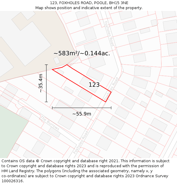 123, FOXHOLES ROAD, POOLE, BH15 3NE: Plot and title map