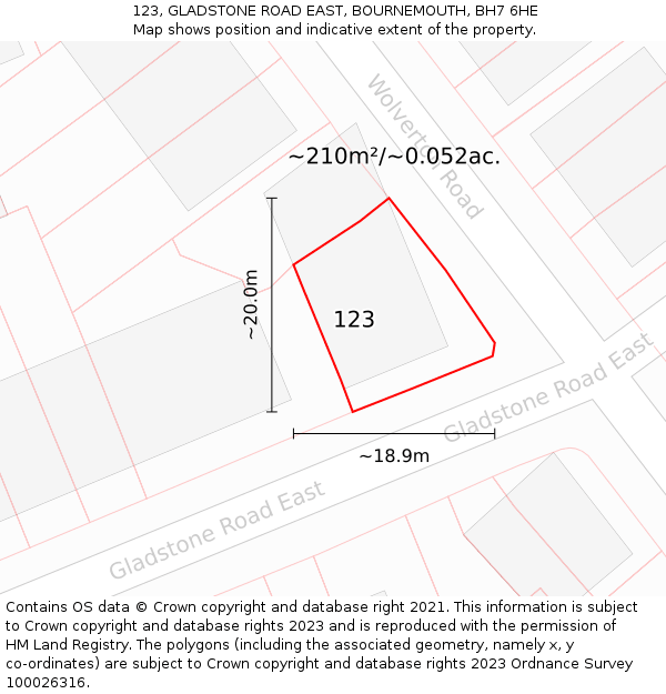 123, GLADSTONE ROAD EAST, BOURNEMOUTH, BH7 6HE: Plot and title map