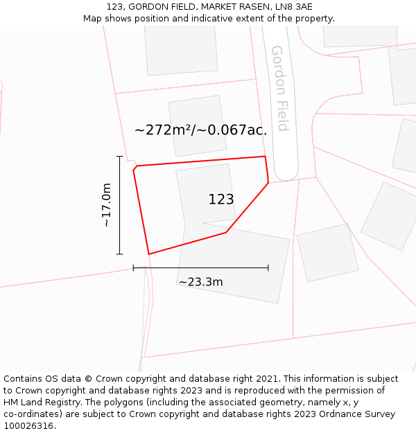 123, GORDON FIELD, MARKET RASEN, LN8 3AE: Plot and title map