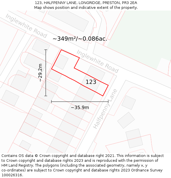 123, HALFPENNY LANE, LONGRIDGE, PRESTON, PR3 2EA: Plot and title map