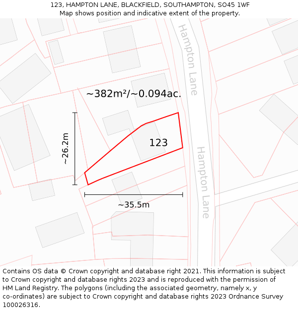 123, HAMPTON LANE, BLACKFIELD, SOUTHAMPTON, SO45 1WF: Plot and title map